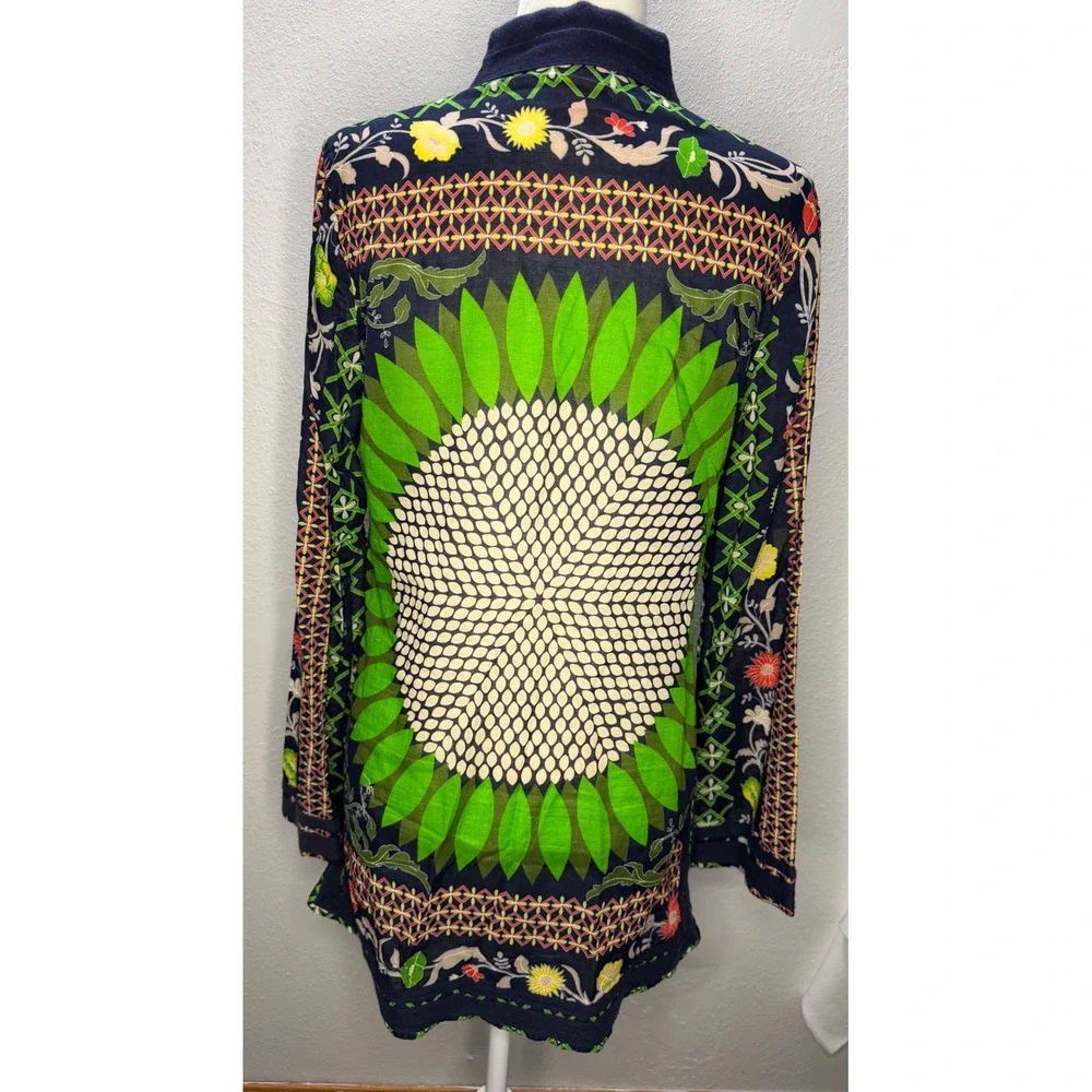Tory Burch Women Sz 12 Navy Green Floral Medallion Tunic Side Zip Cotton Top